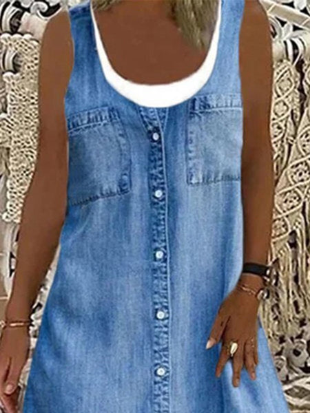 Round Neck Fake Two Pieces Double Pockets Sleeveless Dress
