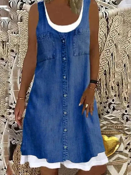 Round Neck Fake Two Pieces Double Pockets Sleeveless Dress