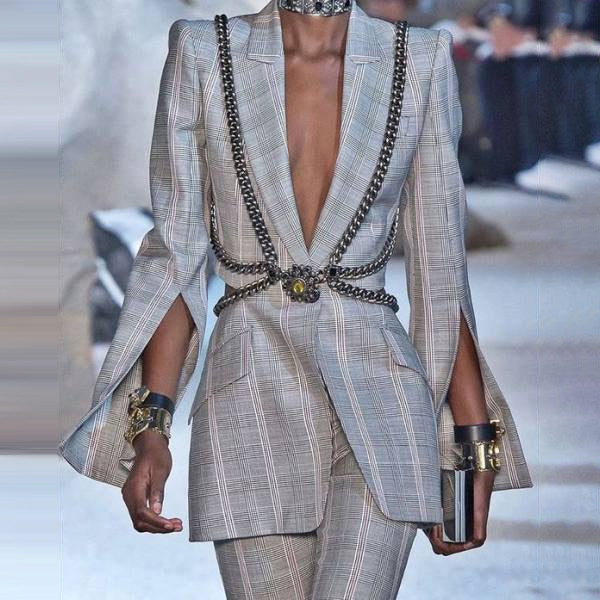 Ladies Elegant Temperament Plaid Split Blazer