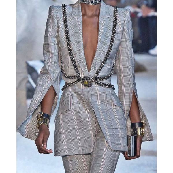 Ladies Elegant Temperament Plaid Split Blazer