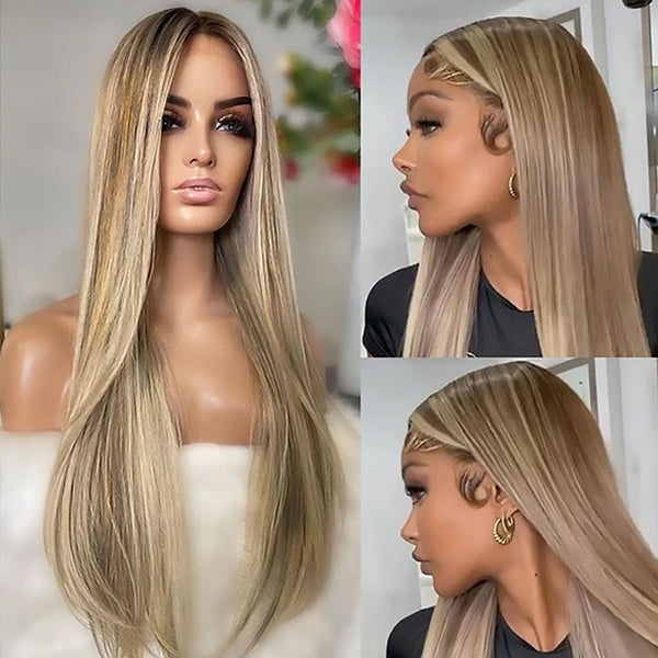 Customized Blonde Balayage on Brown Hair Transparent Wig