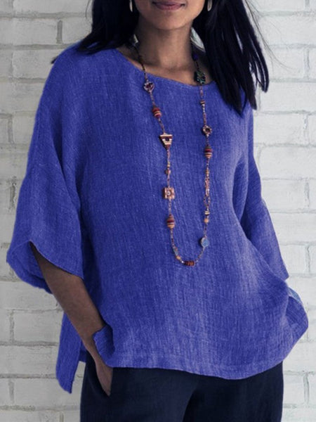 3/4 Sleeve Round Neck Cotton and Linen Shirt