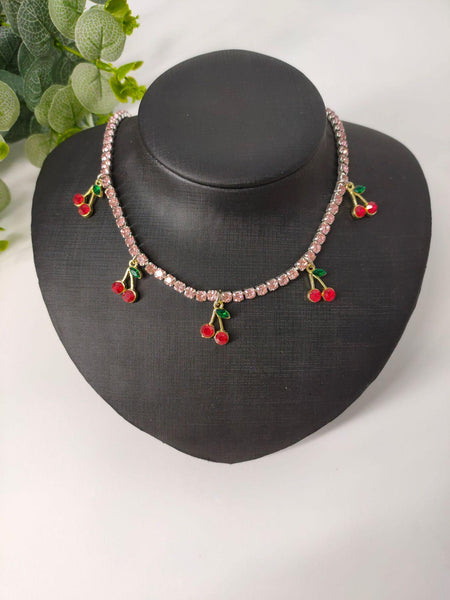 Cute Cherry Rhinestones Bling Necklace