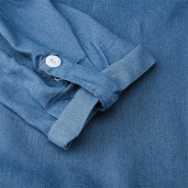 Women Summer Split Denim Dress Cowboy Short Sleeve  Fashion V-Neck Length Dress