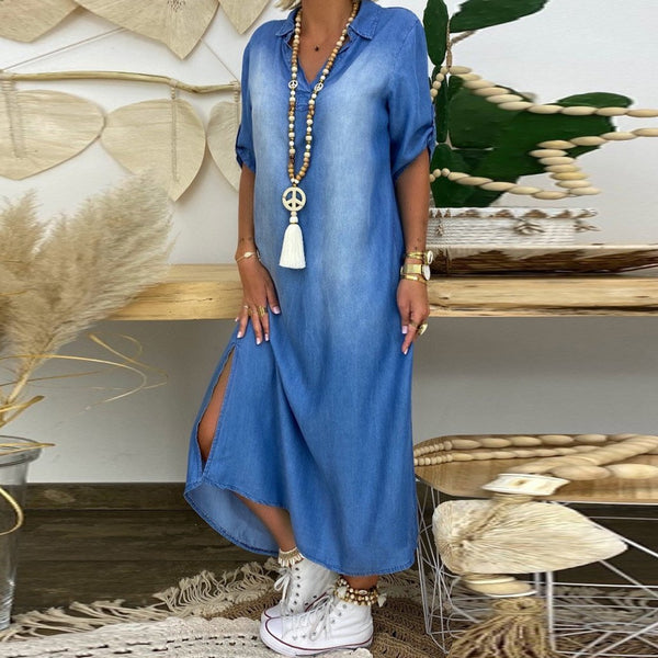 Women Summer Split Denim Dress Cowboy Short Sleeve  Fashion V-Neck Length Dress
