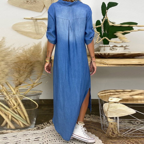 Women Summer Split Denim Dress Cowboy Short Sleeve  Fashion V-Neck Length Dress