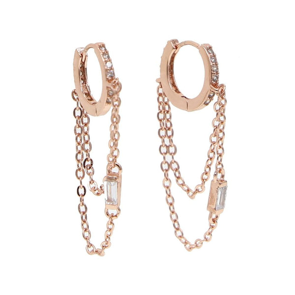 CZ Tassel Chain Small Hoop Earrings 3colors Delicate Minimal Jewelry