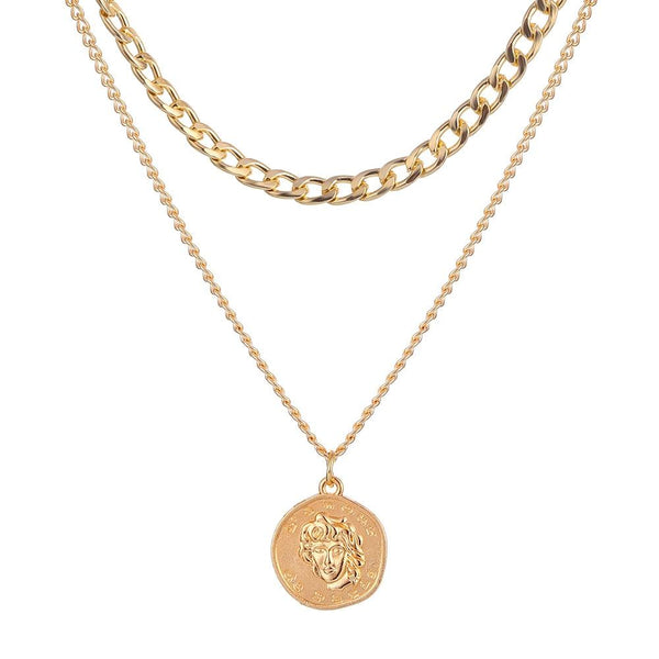 Medal 2 Layered Trendy Chain Choker Necklace
