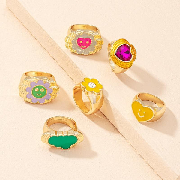 Y2K Cute Heart Flower Rings Metal Cloud Crystal Fashion Goth Punk Charms Rings Jewelry 90s Style New Gifts - 30% OFF Buy 2 or More No Code Required