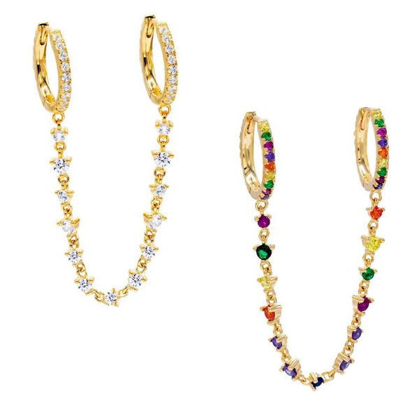 CZ Tassel Chain Small Hoop Earrings 3colors Delicate Minimal Jewelry