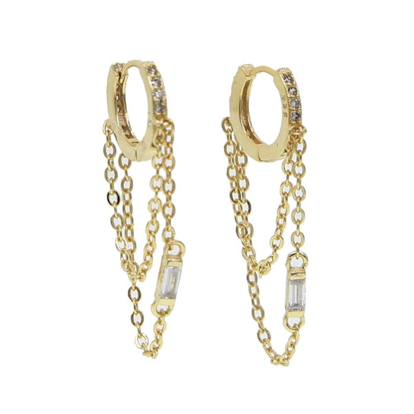 CZ Tassel Chain Small Hoop Earrings 3colors Delicate Minimal Jewelry