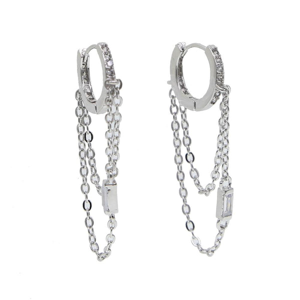 CZ Tassel Chain Small Hoop Earrings 3colors Delicate Minimal Jewelry