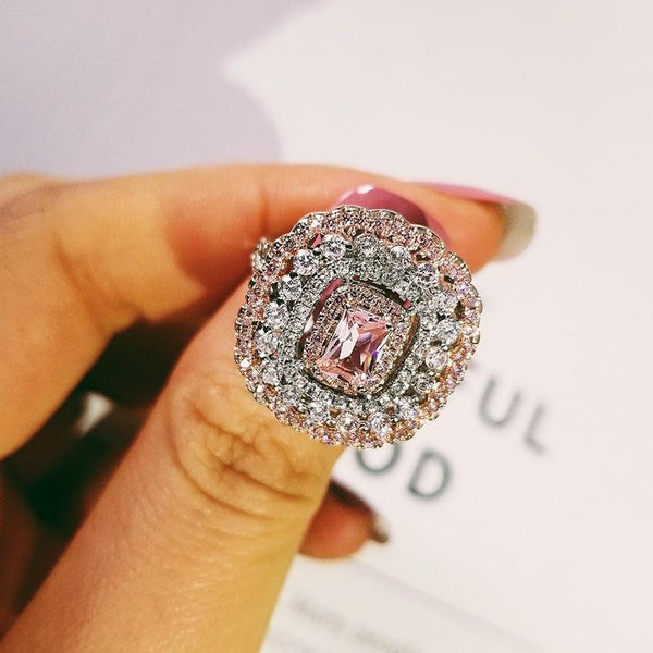 925 Sterling Silver Pink Multi Color Princess Cut Zircon Engagement Ring for Women