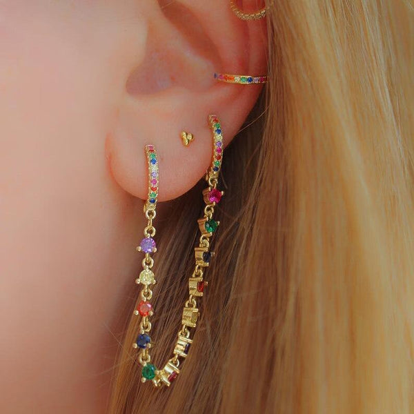 CZ Tassel Chain Small Hoop Earrings 3colors Delicate Minimal Jewelry