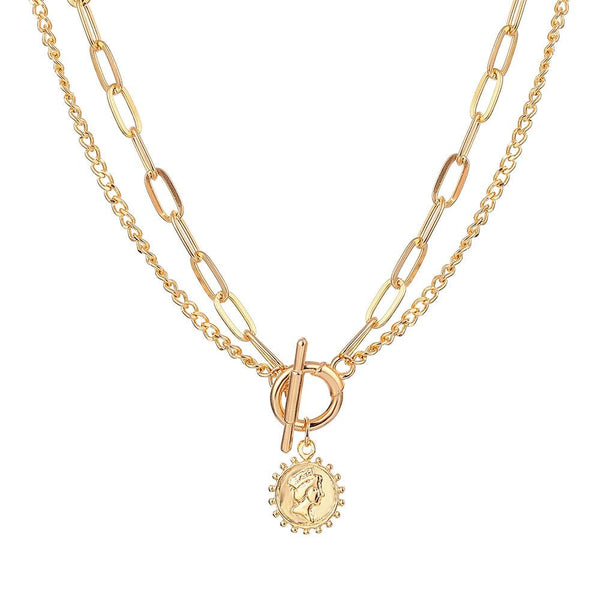 Medal 2 Layered Trendy Chain Choker Necklace