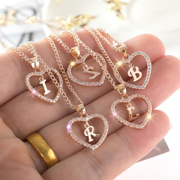 Heart Name Initials Heart Pendant Necklace 26 Letters Zircon Love Necklaces Girls Gifts