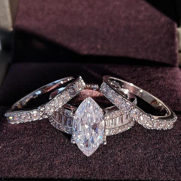 Luxury Marquise 925 Sterling Silver Wedding Ring Set For Women Lady Anniversary Gift Jewelry