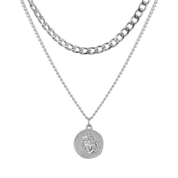 Medal 2 Layered Trendy Chain Choker Necklace