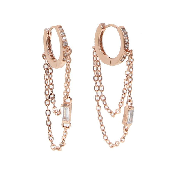 CZ Tassel Chain Small Hoop Earrings 3colors Delicate Minimal Jewelry