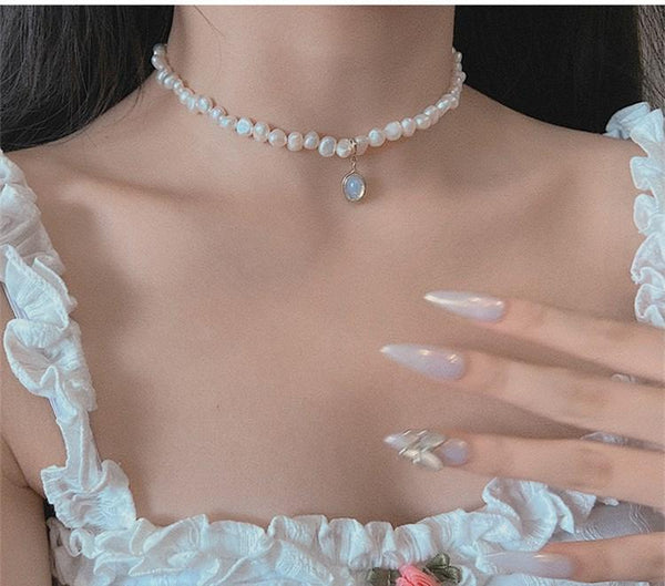 Moonstone Irregular Baroque Pearl Choker Necklace