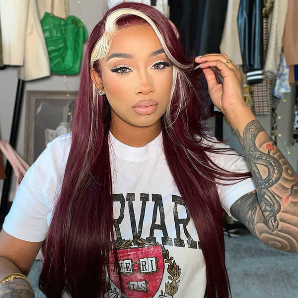 Lace Frontal Skunk Stripe Wig #613/99J Burgundy Color Highlight Body Wave/Straight Hair Lace Front Wigs
