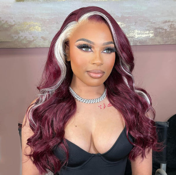 Lace Frontal Skunk Stripe Wig #613/99J Burgundy Color Highlight Body Wave/Straight Hair Lace Front Wigs
