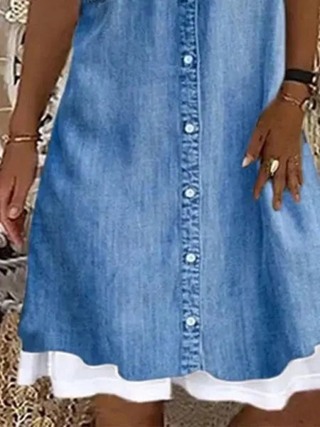 Round Neck Fake Two Pieces Double Pockets Sleeveless Dress