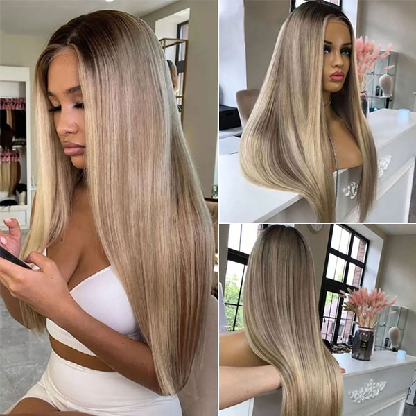Customized Blonde Balayage on Brown Hair Transparent Wig