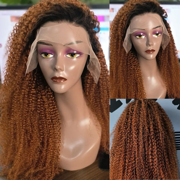 Caramel Brown Water Wave Lace Front Human Hair Wig Dark Root Lace Front Ombre Color Wig