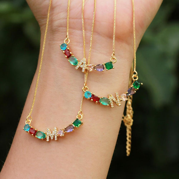 CZ Diamond Rainbow Letter Smile Necklace