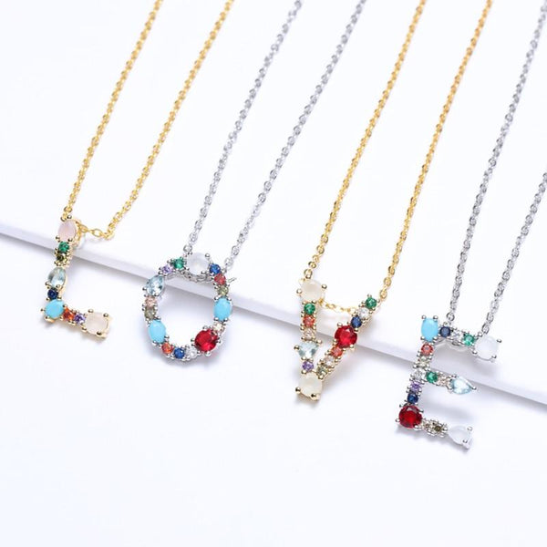 Color CZ Diamond Letter Charm Necklace