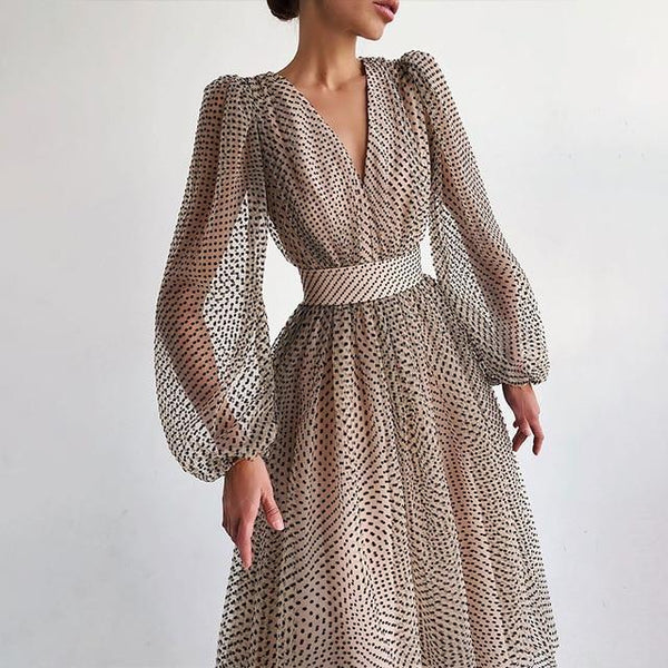 2021 Mesh A-line Evening Women's Dress Polka Dot Deep V-neck Puff Sleeve Female Midi-length Dresses Elegant Party Lady Clothing
