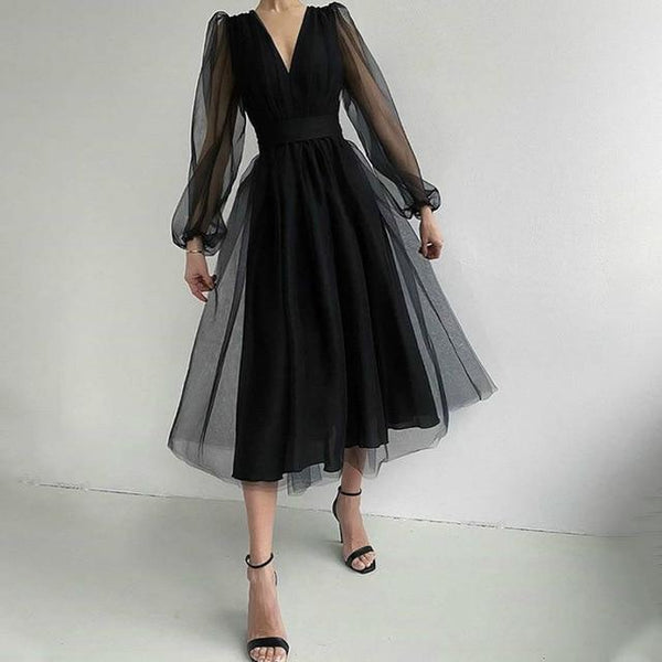 2021 Mesh A-line Evening Women's Dress Polka Dot Deep V-neck Puff Sleeve Female Midi-length Dresses Elegant Party Lady Clothing