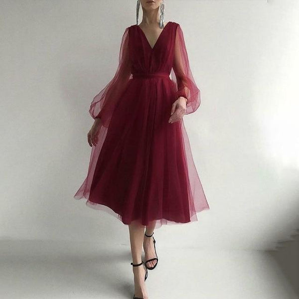 2021 Mesh A-line Evening Women's Dress Polka Dot Deep V-neck Puff Sleeve Female Midi-length Dresses Elegant Party Lady Clothing