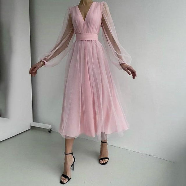 2021 Mesh A-line Evening Women's Dress Polka Dot Deep V-neck Puff Sleeve Female Midi-length Dresses Elegant Party Lady Clothing