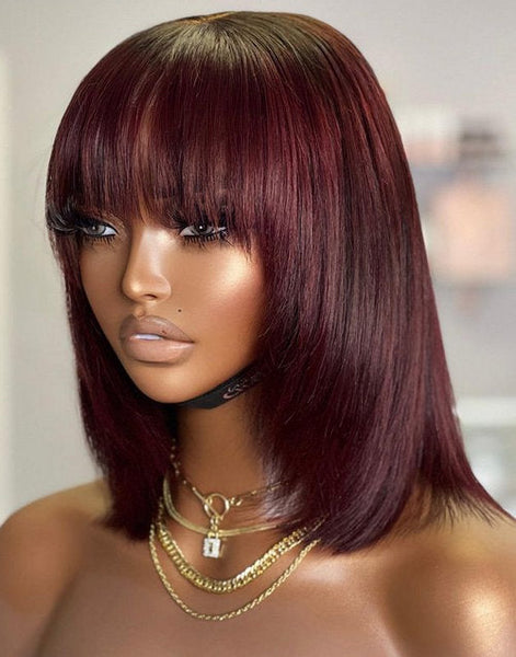 Burgundy Layer Cut Straight Bob Wigs With Bangs No Glue No Gel Fringe Wigs