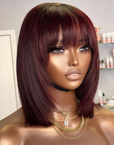 Burgundy Layer Cut Straight Bob Wigs With Bangs No Glue No Gel Fringe Wigs