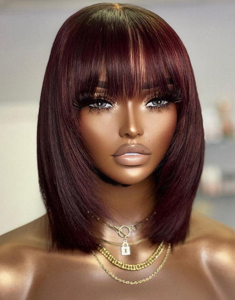 Burgundy Layer Cut Straight Bob Wigs With Bangs No Glue No Gel Fringe Wigs