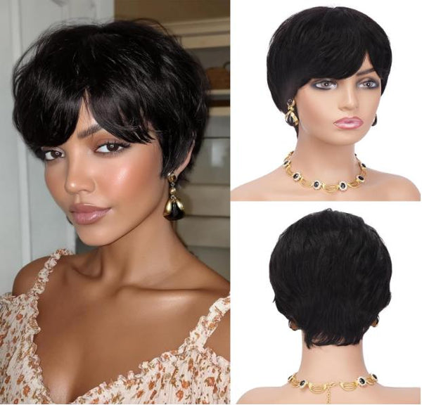 Short Pixie Cut Wig Brazilian Virgin Human Hair Black And Highlight Colorful Wig With Bangs Full Machine Ready To Go Glueless Wig dealsforyourdays
