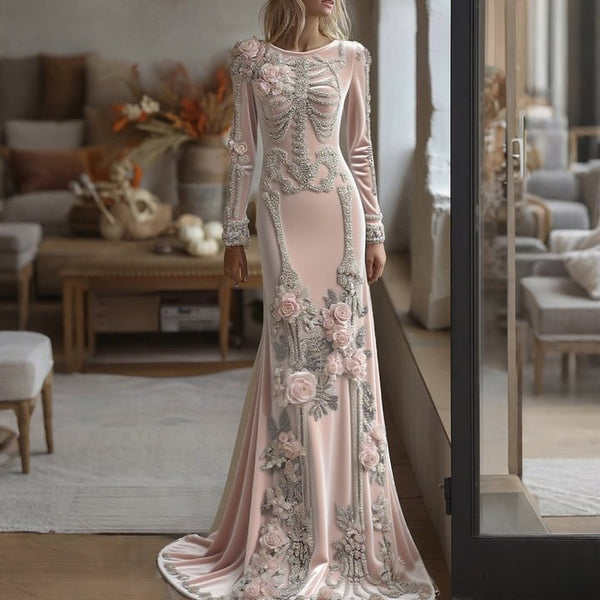 Women's Halloween Dark Gothic Rose Skeleton Velvet Round Neck Maxi Dress