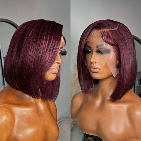 180 Density Dark Burgundy 99J Lace Front Bob Wig Human Hair
