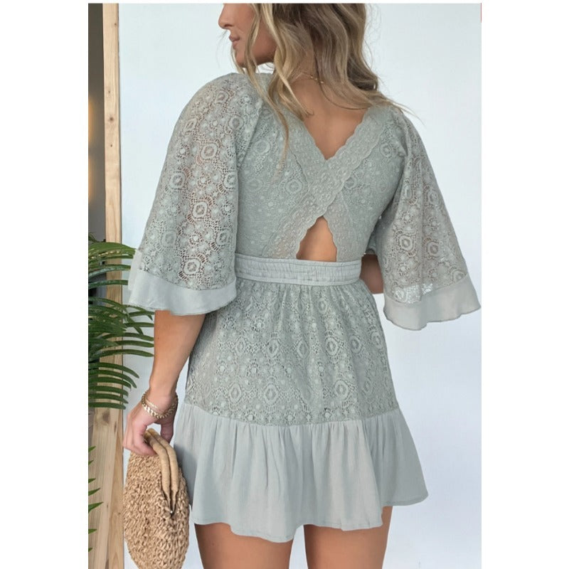 Batwing Sleeve Backless Romper Beach Dress With Buttons Women's Lace Crochet Romper Dress Batwing Sleeve, Backless, High Waist With Built-in Shorts Lace Romper Batwing Sleeve Backless Romper Beach Dress With Buttons Women's Lace Crochet Romper Dress Batwing Sleeve, Backless, High Waist With Built-in Shorts Lace Romper