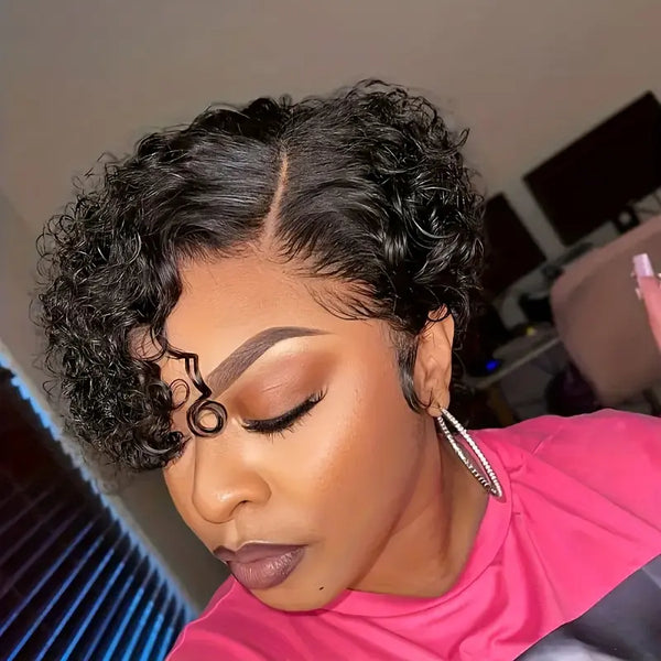 Chic Short Pixie Cut Curly Wave Wig For Women 6INCH 13X4X1 T-Part Lace Front 180% Density Remy Human Hair Natural Black