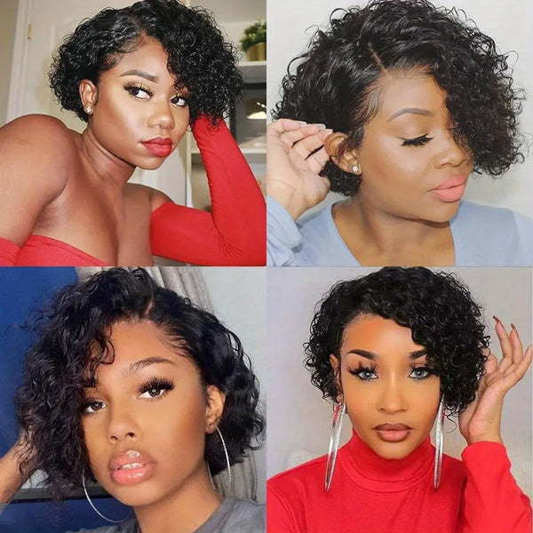 Chic Short Pixie Cut Curly Wave Wig For Women 6INCH 13X4X1 T-Part Lace Front 180% Density Remy Human Hair Natural Black