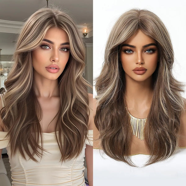 Women's Synthetic Full Machine Wig - Summer Breathable Ombre Wigs, Ombre Blonde with Light Blonde Highlights, Long Curly Hair with Natural Side Bangs, Realistic Look for Daily Wear,summerwins