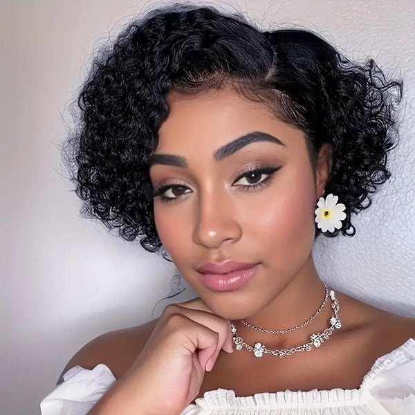 Chic Short Pixie Cut Curly Wave Wig For Women 6INCH 13X4X1 T-Part Lace Front 180% Density Remy Human Hair