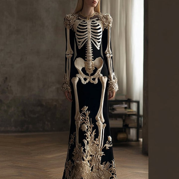 Women's Halloween Retro Anatomy Art And Flower Gothic Velvet Long Dress