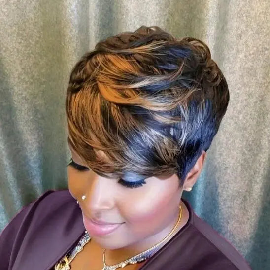 Short Pixie Cut Wig Virgin Human Hair Black & Highlight Colorful Wig with Bangs Full Machine Ready To Go Glueless Wig for Black Women