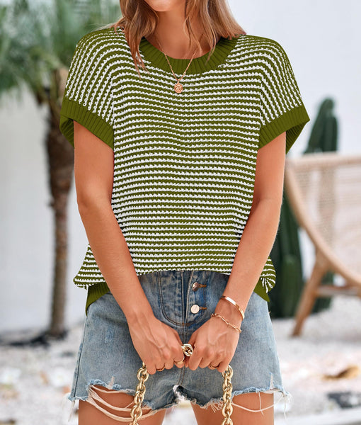 PRETTYGARDEN Womens Short Sleeve Sweater Spring Summer 2025 Round Neck Striped Pullover Cap Sleeve Knit Sweater Vest Tops