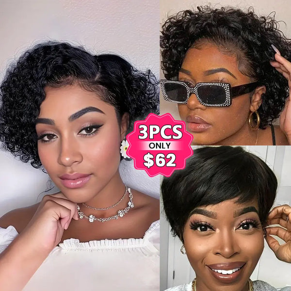 Chic Short Pixie Cut Curly Wave Wig For Women 6INCH 13X4X1 T-Part Lace Front 180% Density Remy Human Hair Natural Black
